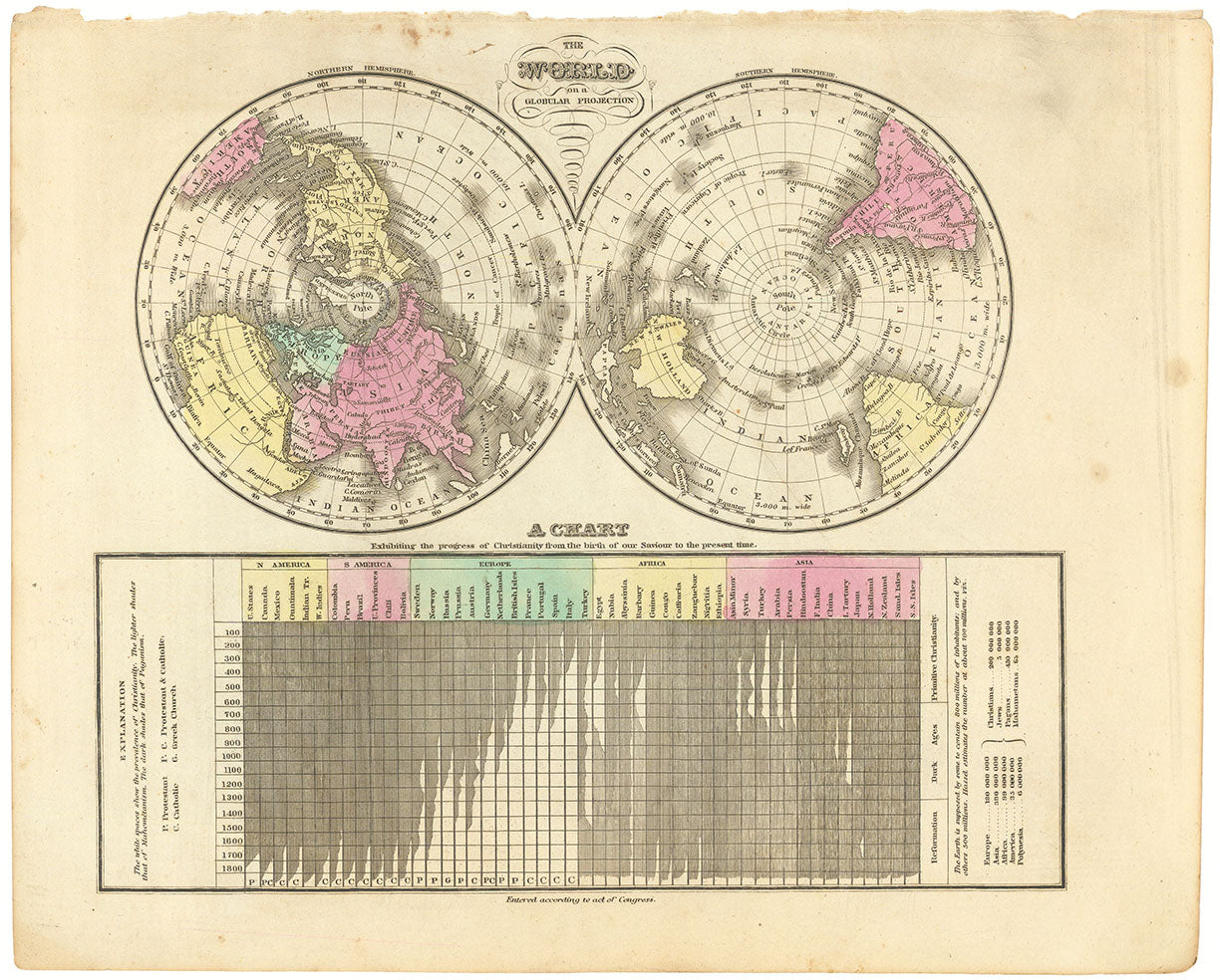 The World on a globular projection. A chart exhibiting the progress of Christianity from the birth of our Saviour to the present time.