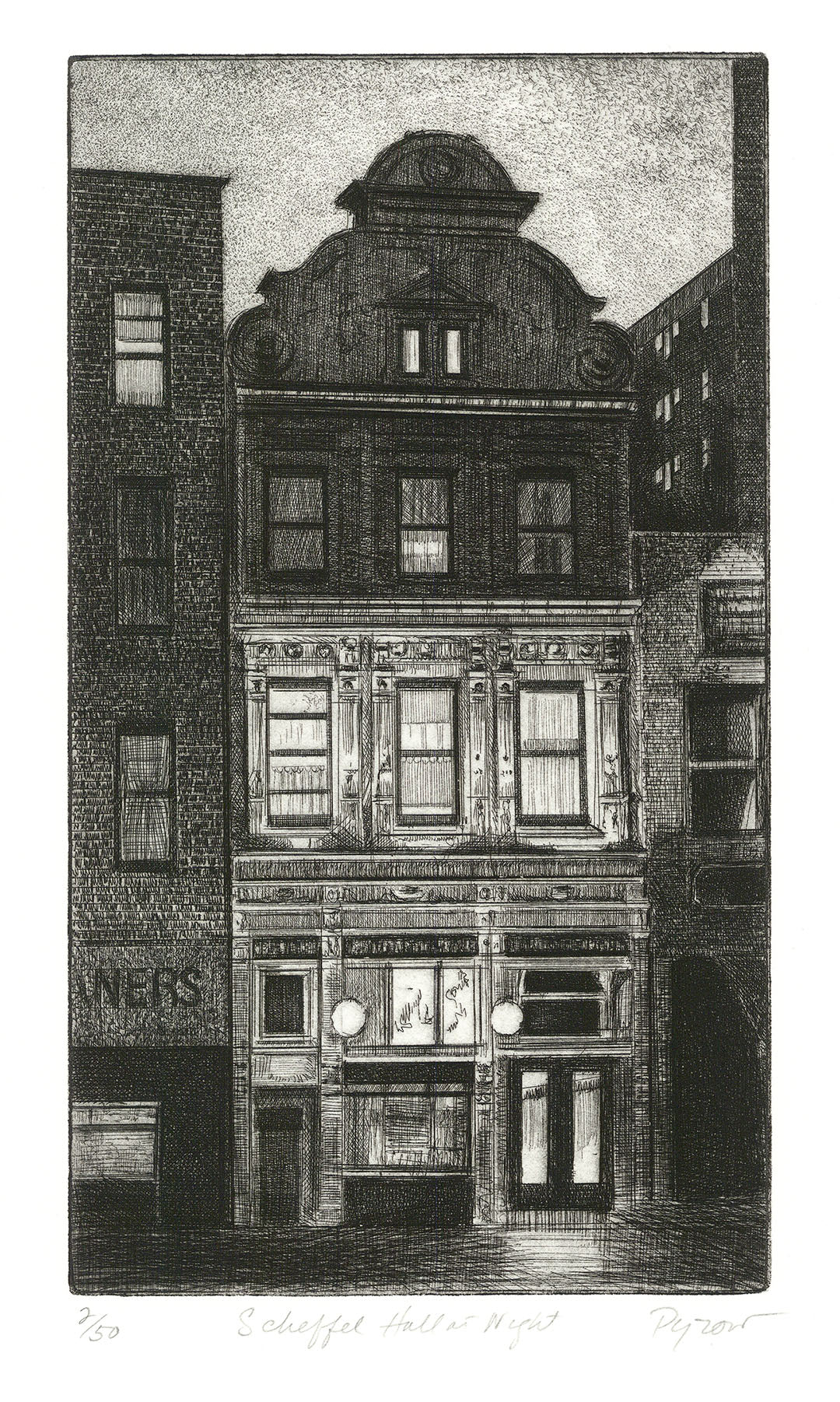 Scheffel Hall at Night.