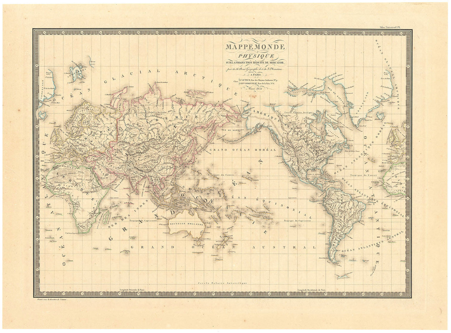 Mappemonde Physique sur la Projection de Mercator.