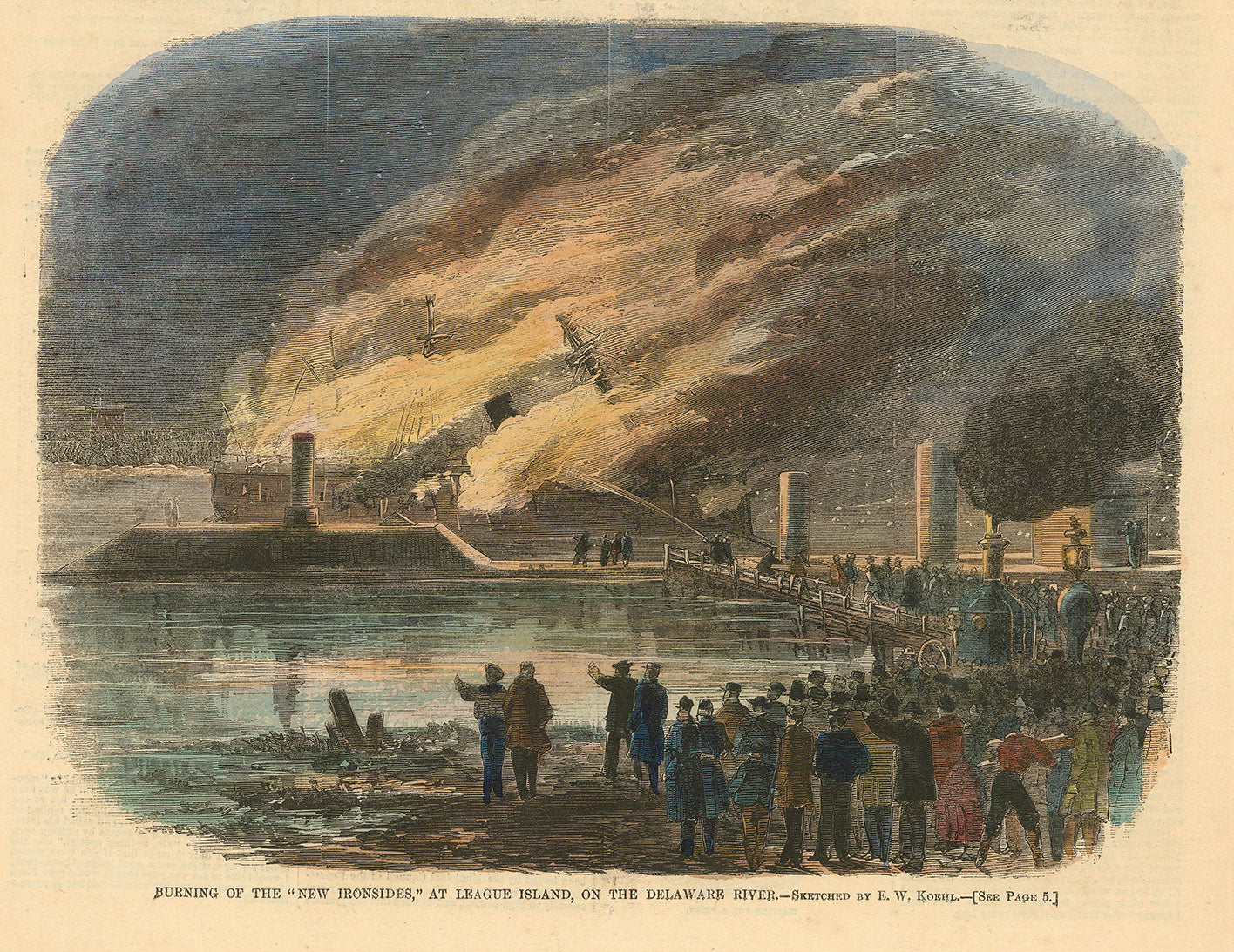 Burning of the "New Ironsides," at League Island, on the Delaware River.