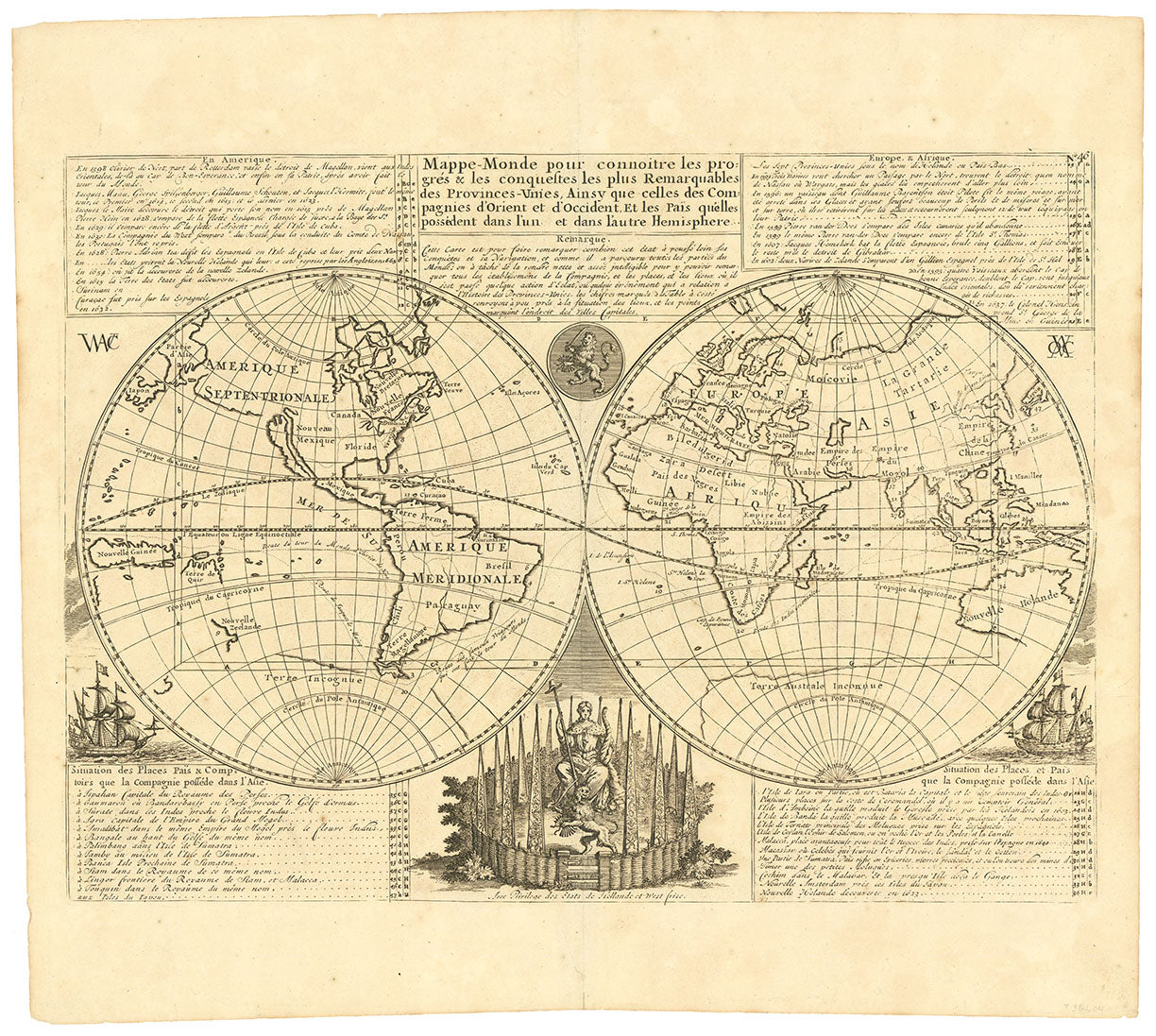 Mappe-Monde pour Connoitre les Progres & les Conquestes les plus Remarquables des Provinces-Unies, Ainsy que celles des Compagnies d'Orient et d'Occident, et les Pais qu'elles Possedent dans l'un et dans l'autre Hemisphere.