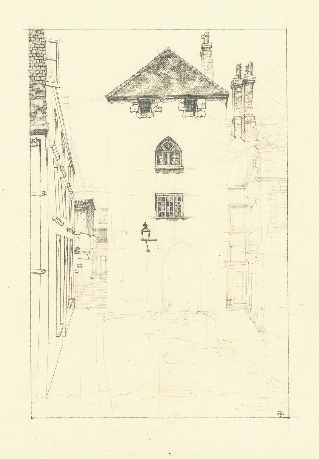 Sketch, West Gate, Southampton.  Unfinished study for a demonstration plate.