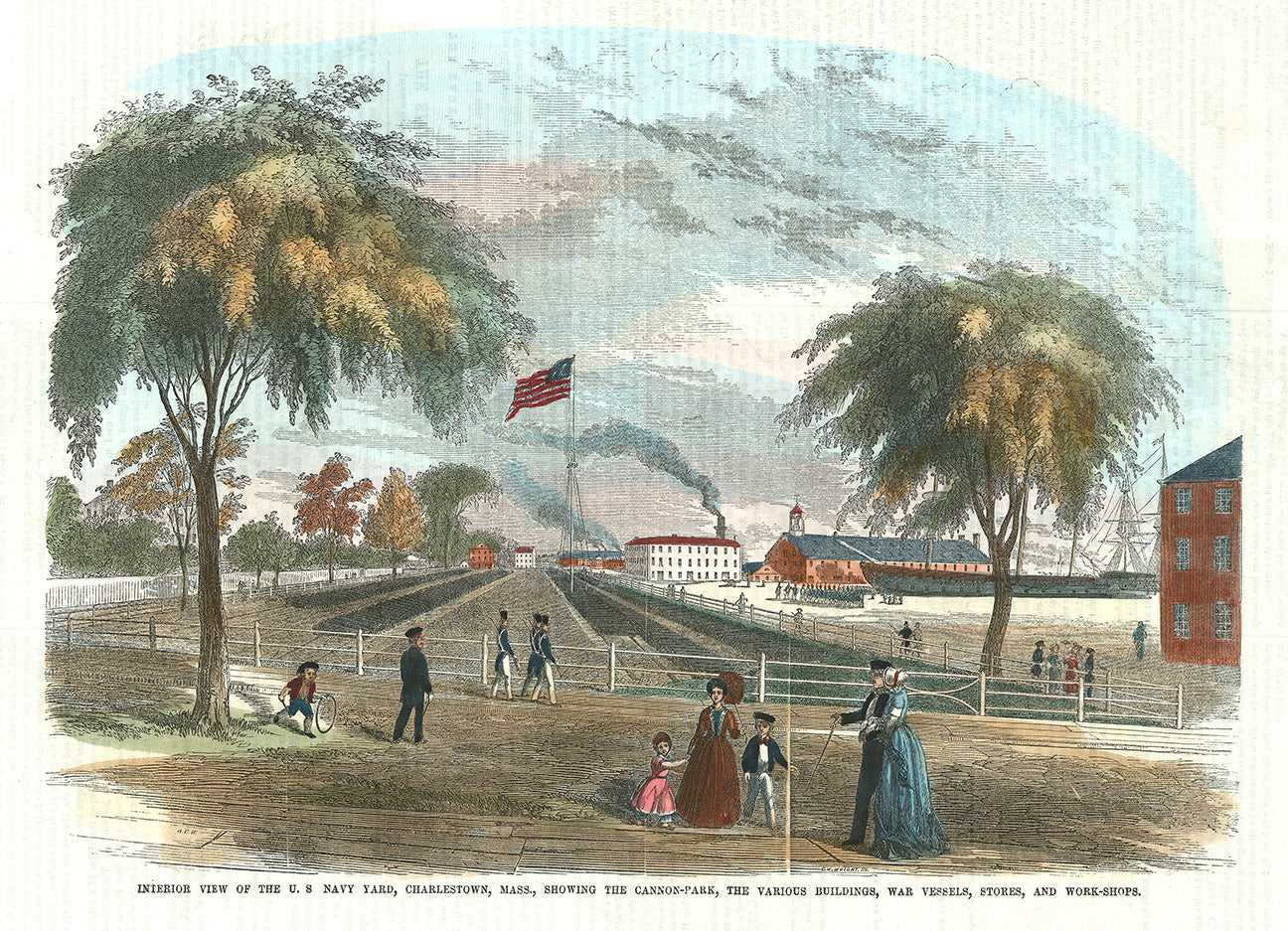 Interior View of the U.S. Navy Yard, Charlestown, Mass., Showing the Cannon-Park, the Various Buildings, War Vessels, Stores, and Work-Shops.