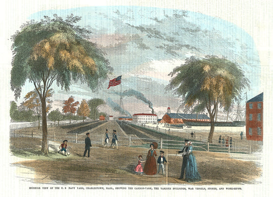 Interior View of the U.S. Navy Yard, Charlestown, Mass., Showing the Cannon-Park, the Various Buildings, War Vessels, Stores, and Work-Shops.