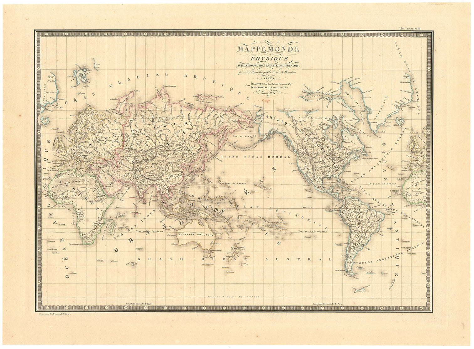 Mappemonde Physique sur la Projection de Mercator.