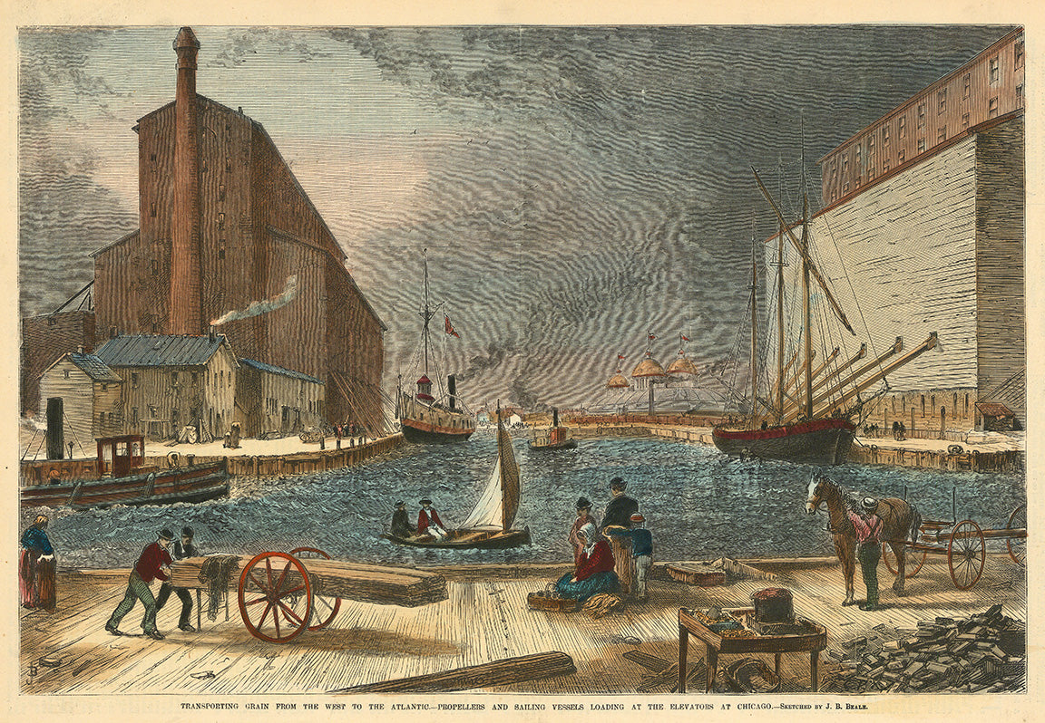 Transporting Grain from the West to the Atlantic.  Propellers and Sailing Vessels Loading at the Elevators at Chicago.