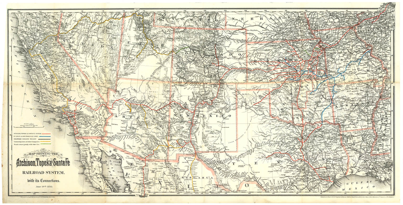 Map Showing The Atchison Topeka and Santa Fe Railroad System. with its Connections. June 30th. 1893.