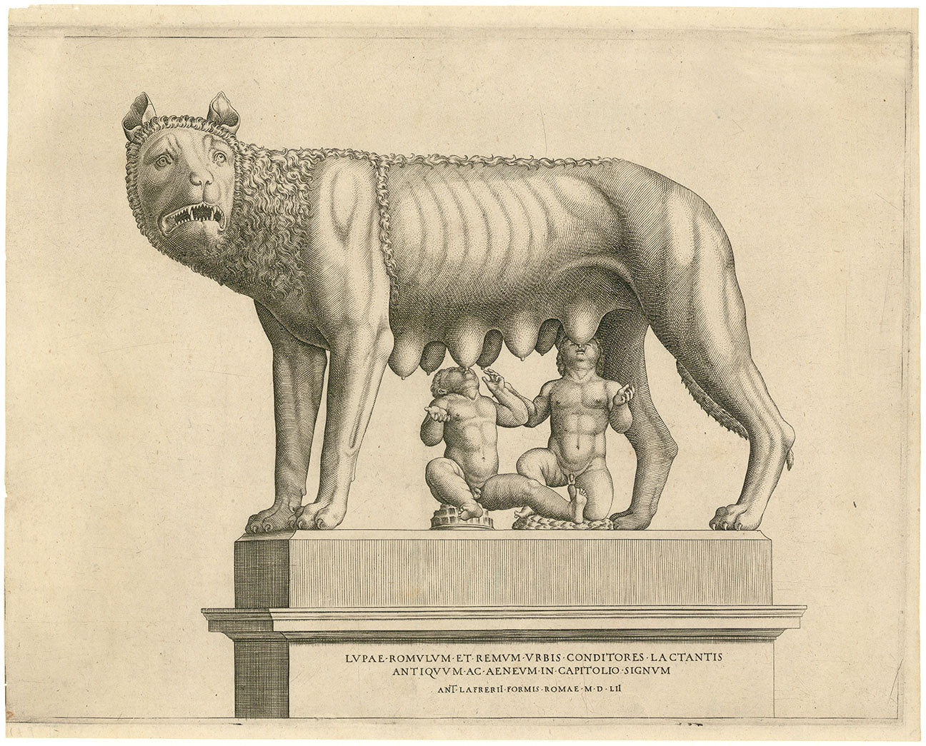 Lupae Romulum et Remum Urbis conditores lactantis antiquum ac aeneum in Capitolio signum. ( The Capitoline Wolf ).